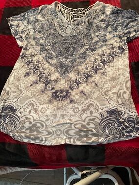 Time and Tru Blue and Gray Crochet Yoke Short Sleeve Tee